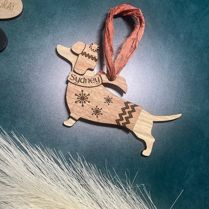 Layered Ornament - Daschund in Sweater + Cap - CUSTOMIZATION AVAILABLE  (1 Ornament)
