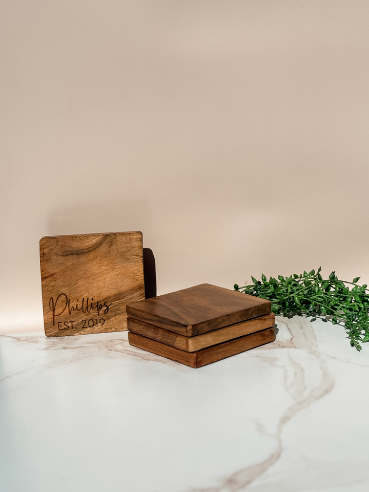 Name + EST Date - Acacia Wood Coasters (Set of 4)