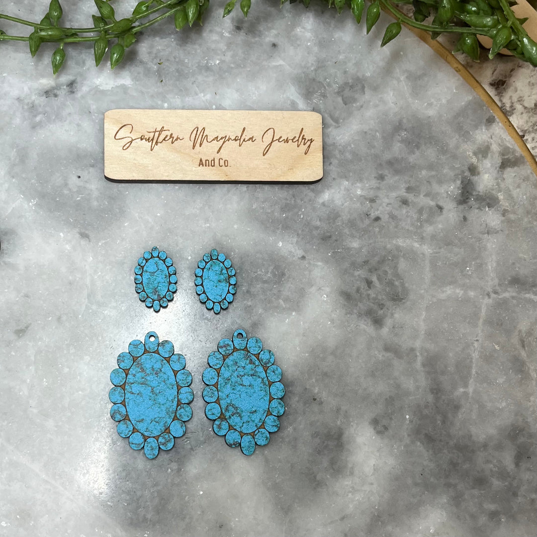 Turquoise Printed Wood- Oval Beaded Western Concho - 2 STYLES (1 Pair)